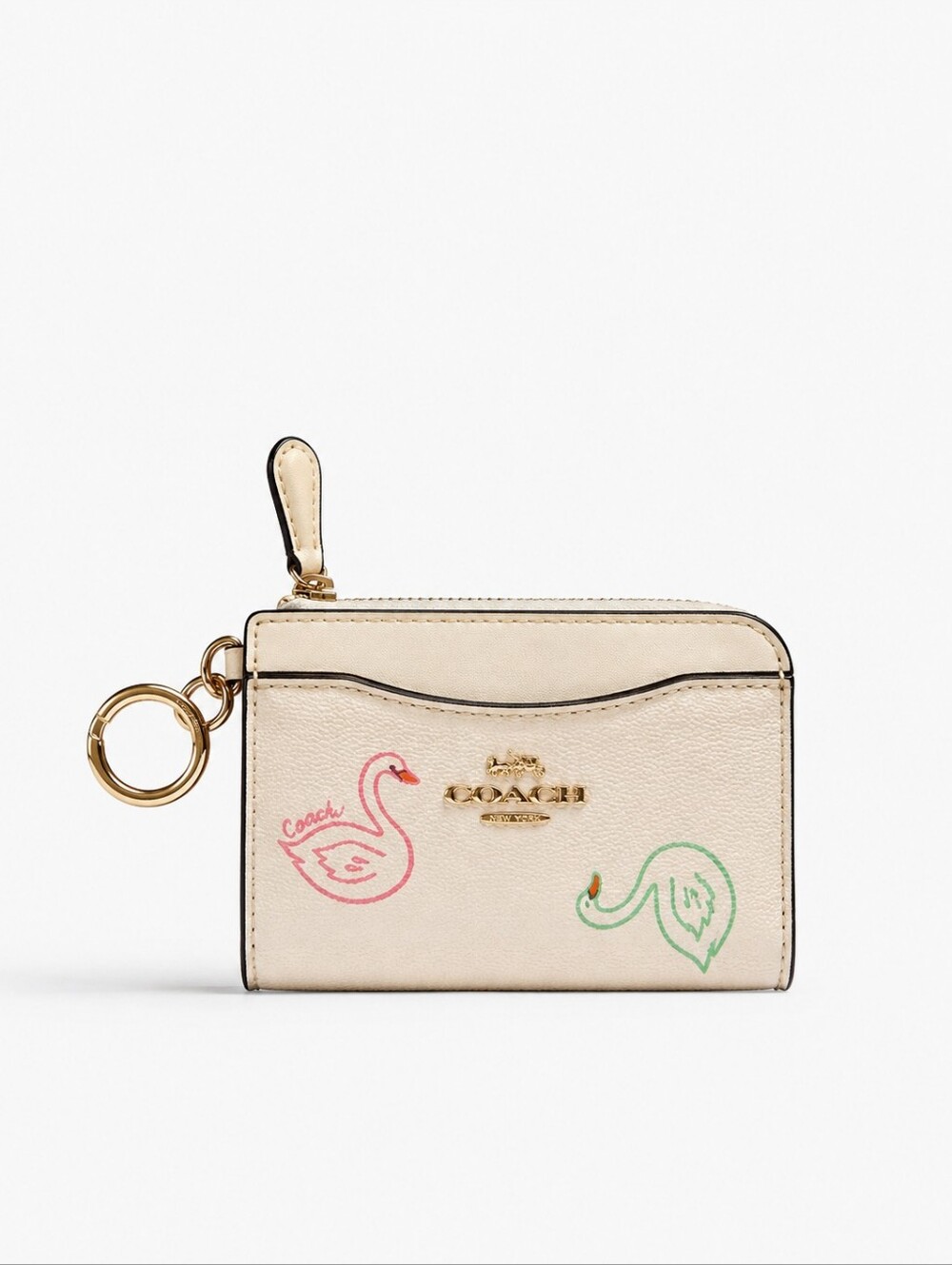Coach L Zip Card Case Swan Print C8377 Chalk White Key Ring Wallet